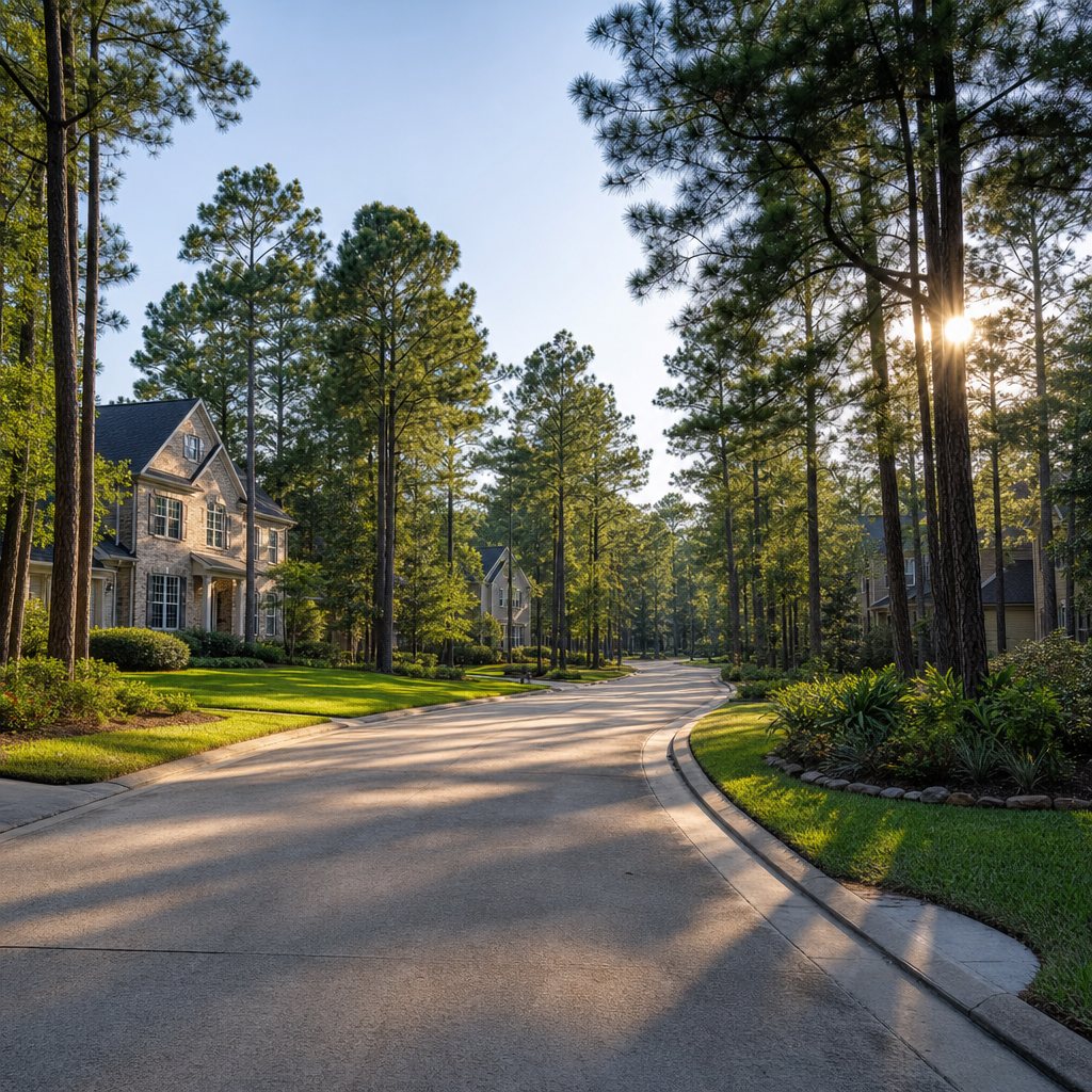 AI-generated concept image of a residential street in The Woodlands, Texas