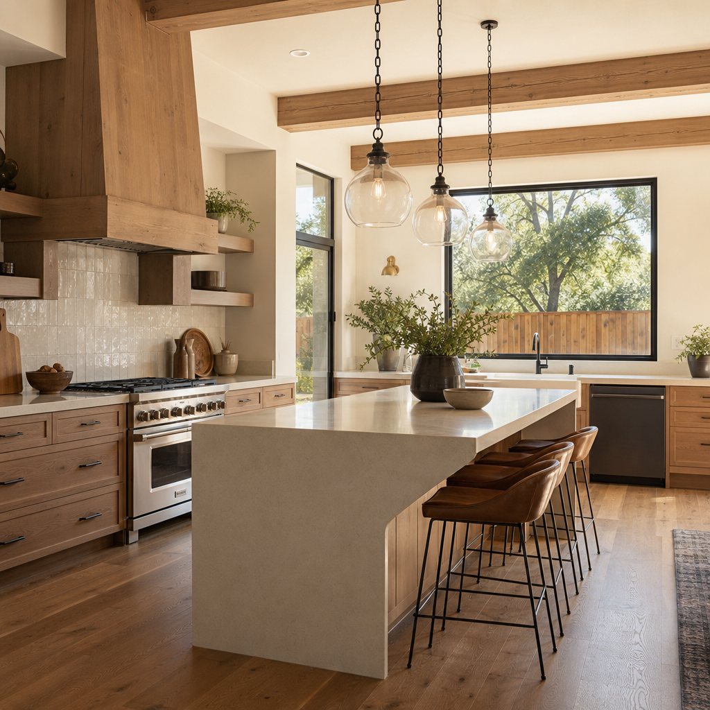 AI-generated concept image of a warm modern kitchen in a Texas suburban home